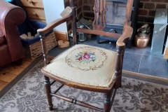 Re upholstered wooden chair with original tapestry